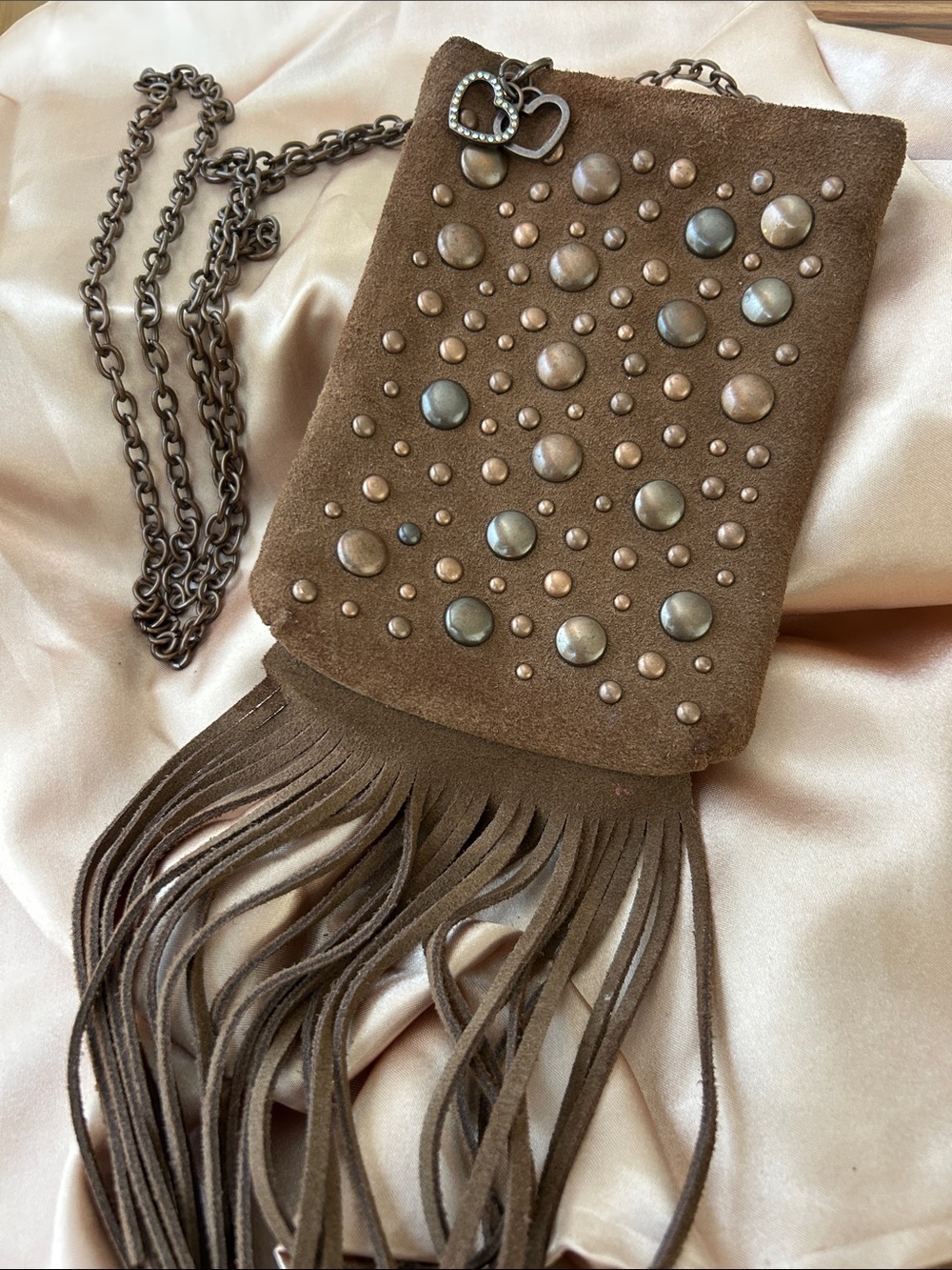 Studded Suede Fringe Crossbody Bag - Brown